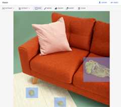 The sample base image of the red couch is depicted, with masked areas defined for the bag of lemons on the couch and two lemons on the rug.