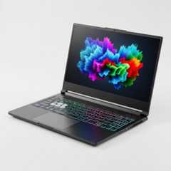 A black laptop with multicolor backlighting on the keyboard and a colorful test image on the screen, placed on a white background.