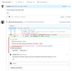 Screenshot of an alert annotation on the "Conversations" tab of a pull request. The "Show more details" link is outlined in dark orange.