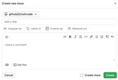 Screenshot showing the "Create new issue" dialog.