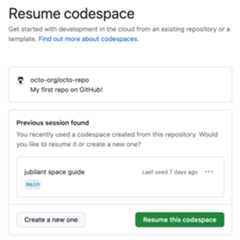 Screenshot of the "Resume codespace" page showing the "Resume this codespace" and "Create a new one" buttons.
