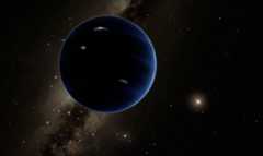 Work by artist showing dark crescent planet, far from tiny sun, against background of Milky Way.