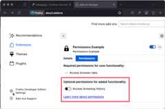 Example of an extension's options permissions tab highlighting the feature to grant or revoke an optional premission.