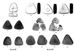 Fig. 11 - Terracotta cakes: 1-5 from Shahr-i Sokhta I-III (CORTES! et al., 2008: fig. 12) ; 6-14 from Nausharo IB-IC / Mehrgarh VII (drawings and photos MAI).