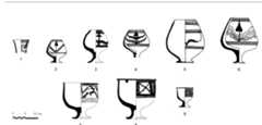 Fig. 13 — Pedestal beakers decorated with geometric and naturalistic motifs. 1, 5, Ceramics from Nausharo IC (drawings MAI); 3, 7-8, Buff ware from Shahr-i Sokhta IV, Grave 731, n° 8094, 8081, 8059 (PIPERNO and SALVATORI, 2007: fig. 675); 2, 4, 6, 9, Ceramics from Mundigak IV.1 (CASAL, 1961: fig. 65.179, 181-182, fig. 66.192).