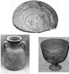 Figure 4. a (top): Plate with incised ornament from Rabat II. b (below left): Two handled pot (amphora shape) from Rabat II, first-second centuries AD. c (below right): Goblet covered with red slip from Rabat I, first century BC—first century AD.