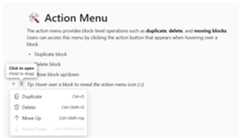 JavaScript Block editor with action menu