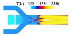Mean temperature field from RANS obtained with the default PaSR combustion mode