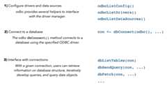 A high-level workflow for using the R interface in 3 steps. In step 1, configure drivers and data sources, the functions odbcListDrivers() and odbcListDataSources() help to interface with the driver manager. In step 2, the dbConnect() function, called with the first argument odbc(), connects to a database using the specified ODBC driver to create a connection object "con." Finally, in step 3, that connection object can be passed to various functions to retrieve information on database structure, iteratively develop queries, and query data objects.