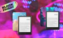 two Kindle Paperwhite Kids devices with purple black friday background