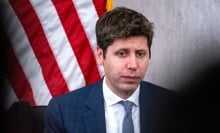 Sam Altman looks despondent in front of an American flag