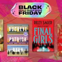 book covers for "Broken Country," "Buckeye," "Final Girls," and "The Women" by Kristin Hannah with pink and orange background