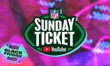 NFL Sunday Ticket logo on purple backdrop with Black Friday sticker in corner