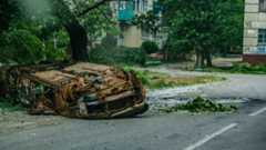 A burned out car in the city of Severodonetsk in May 2022