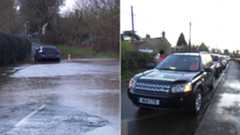 Composite shot showing the floodwater in Edenham and a line of 4x4s used to ferry the children to safety.