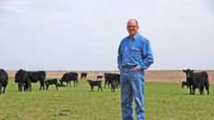 A man wearing denim stands on a grassy plot of land with his hands in his pockets. Several cows graze the land in the background.