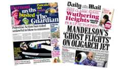 The headline on the front page of the Guardian reads: “Palestine Action ban ruled unlawful in blow to ministers”. The headline on the front page of the Mail reads: “Mandelson's 'ghost flights' on oligarch jet”.