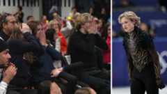 Splitscreen. Left, supporters gasp in disbelief. Right, Malinin after his Olympic performance.