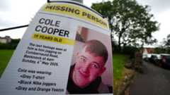 A missing sign in Banknock for Cole Cooper. This poster includes a picture of Cole and information about where he was last seen and what he was wearing.