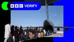 Verify logo placed over a photograph of Afghan evacuees queuing to board US military aircraft following the fall of Kabul in 2021.