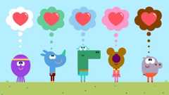 Each Squirrel (Betty, Tag, Happy, Norrie and Roly) stand in a line in a field, looking up at a thought bubble above their heads, all holding a red love heart.