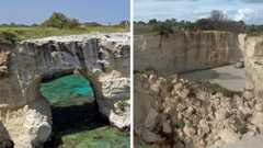 A side by side comparison of before 'lovers arch' crumbled, which looks scenic, and after when bad weather caused the arch to collapse' leaving rubble.