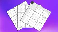 Three stacked Sudoku puzzles on a purple and pink, Bitesize bran colour background