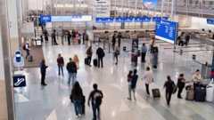 Travellers seen from above walk through the departures and check in area of an airport.