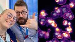 There are two images side by side. In the left image is a close-up shot of a man and a woman smiling at the camera. On the right is a scan showing purple shapes with yellow and white spots on a black background.