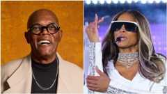 A split image of Samuel L Jackson smiling and Ciara performing