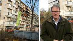 Split screen image showing James Landale on the right and a damaged multi-storey building in Kyiv on the left