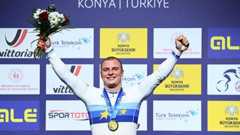 Matt Richardson celebrates winning the men's sprint European title at the 2026 European Track Cycling Championships in Turkey
