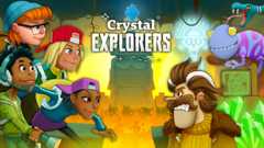 Crystal Explorers characters face off against a snarling man and a chameleon with a magic crystal in the background.