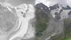 Blended image comparison of the Tschierva Glacier in 1935 on the left and 2022 on the right. The glacier extends far down the valley in 1935 but has retreated way up the valley by 2022.