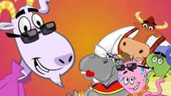 Dance Mat Typing characters: a goat, rhino, Alpine cow, octopus, and turtle.