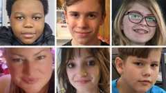 Top row from left: Abel Mwansa,12. Ezekiel Schofield, 13. Zoey Benoit, 12. Bottom Row from left: Jennifer Jacobs, 39, Kylie Smith, 12, Emmett Jacobs, 11