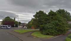 A footpath with a large tree in the middle. A road and bus are visible in the background