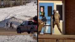 A composite image of two pictures. The left shows two blurred people running away towards a snowy hill in the background. A parked grey truck is in the foreground. The second picture shows a person wearing green army-style fatigues and a helmet outside of a blue double door into Tumbler Ridge Secondary School
