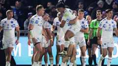 Toulouse Olympique celebrate Olly Ashall-Bott's try against Wakefield Trinity