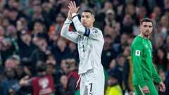 Cristiano Ronaldo of Portugal reacts to the crowd after receiving a red card against Republic of Ireland