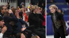 Splitscreen. Left, supporters gasp in disbelief. Right, Malinin after his Olympic performance.