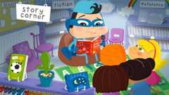 Cartoon character Ernie in story corner in a library reading a book to a small group of children.