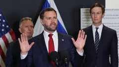 US Vice-President JD Vance (centre) speaks at a press conference in southern Israel. US special envoys Steve Witkoff (left) and Jared Kushner(right) stand behind Vance. Photo: 21 October 2025