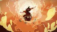 A cartoon witch floats in the air amid crimson clouds.