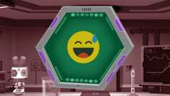 Smiling face on AI display unit with a science lab in the background.