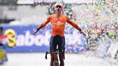 Mathieu van der Poel celebrates as he crosses the finish line