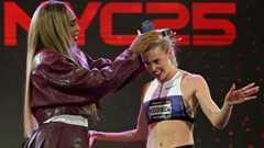 Keely Hodgkinson is congratulated after winning and presented with a crown by Serena Williams