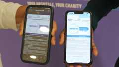 Photo of two phone screens being held by two different people. The screens show a lot of text and descriptions of the two surveys asking people for the views on AI use in healthcare. The left hand screen is primarily dark, while the right hand screen in primarily white.
