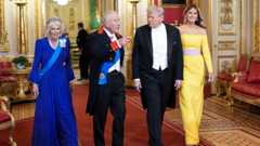 U.S. President Donald Trump and first lady Melania Trump participate in an official state banquet with King Charles III and Her Majesty Queen Camilla of the United Kingdom of Great Britain at Windsor Castle, in Windsor, Britain September. 17, 2025.