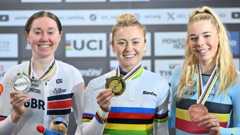 Katie Archibald, Lara Gillespie and Helene Hesters with their medals from the women's elimination race at the 2025 Track World Championships